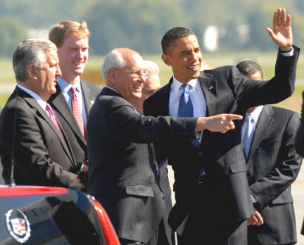 The Gaggle Of Politicians Greeting President Obama In Troy A Week After The Primary, Jerry Jennings At Left Forgetting To Smile