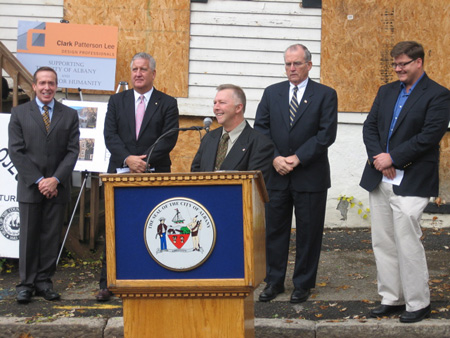 Habitat Executive Director Steve Haggarty At The Podium, From Left Albany Housing Authority Director Steve Longo, Mayor Jennings, Albany County Executive Mike Breslin, Habitat Board President Brian Osterhout