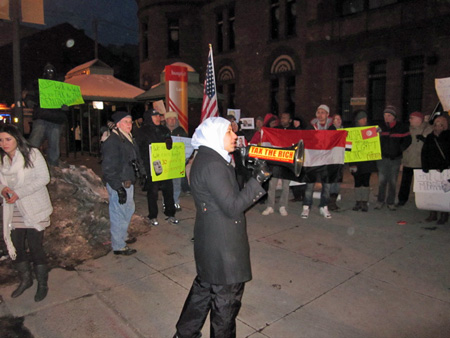 Marwa Elbially (with Doug Bullock's Bullhorn) Leads The Albany Rally For Egyptian Democracy, Januar 31, 2011