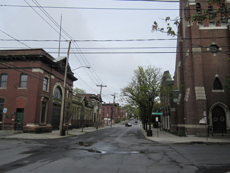 Looking Up Fourth Avenue Toward south Pearl Street, St. Francis Church At Right, St. John's/St. Ann's Institute And Bathhouse #2 At Left