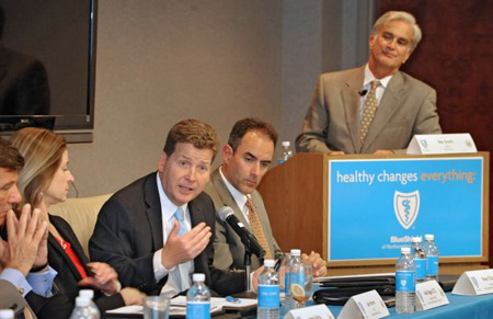 Albany-Colonie Chamber CEO Mark Eagan (At Mic) Attacks The Affordable Care Act, Hearst Times Union Manager Rex Smith Listens Approvingly At Right, June 2012