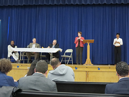 Mayor Kathy Sheehan (In Red) Tries To Sound Enthusiastic About The Casino At Bishop Maginn