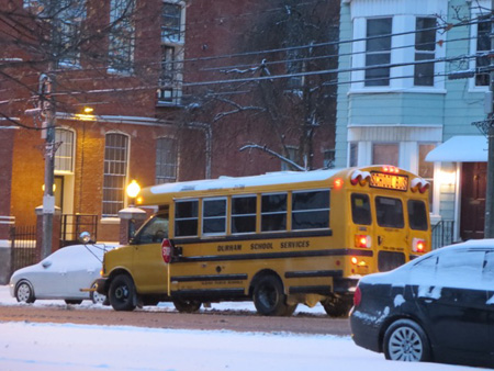 Schoolbus Picking Up Kids, My Neighborhood, January, Snow, Dawn
