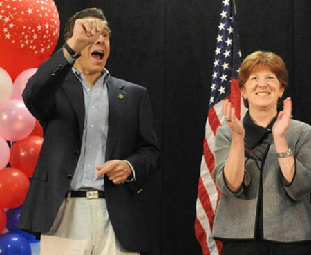 Kathy Sheehan Campaigning For Andrew Cuomo (left) In Albany, 2014