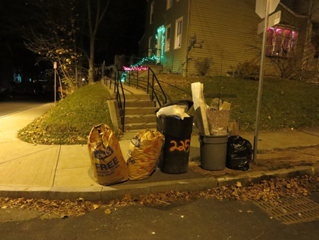 Festive Christmas Lights and Garbage Waiting For Pickup On South Swan Street