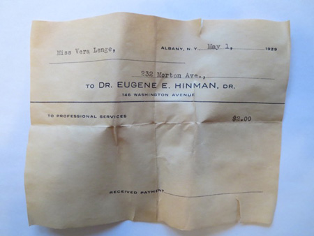 Receipt From The Doctor For Miss Vera Lenge