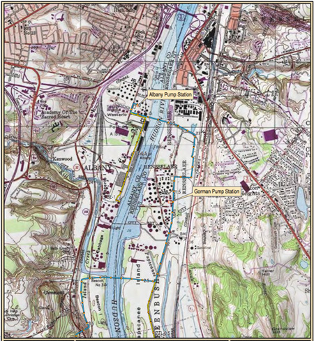Map showing where the Pilgrim Pipelines cross the Hudson River between the Port of Albany and Rensselaer (click on map for larger size)