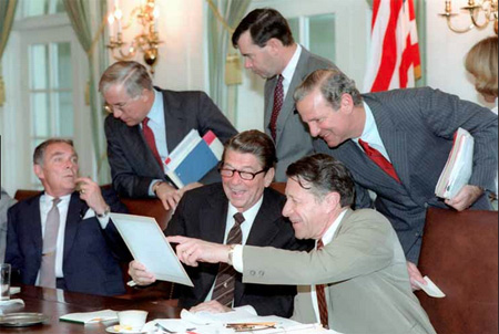 Radical Corporatist ideologue Ronnie Reagan With His Cabinet Of Handlers
