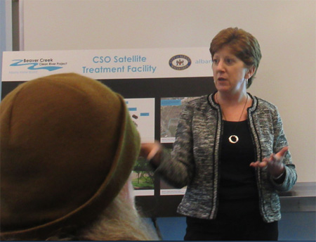 Albany Mayor Kathy Sheehan Discussing The Planned Lincoln Park Sewage Treatment Facility At An AVillage Meeting Last May
