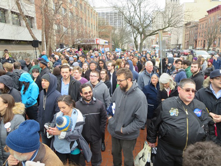 On Washington Avenue, Some Of The Disappointed People Who Didn’t Get Inside To See Bernie Sanders, Shortly Before The Candidate Appeared Behind Them