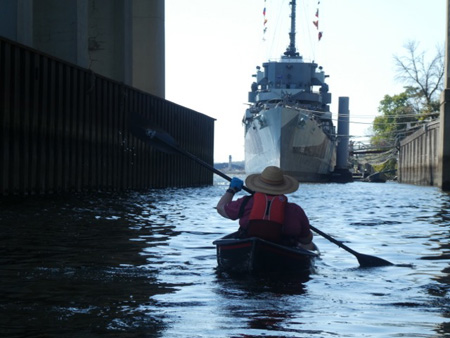 The Wife Under The Dunn Memorial Bridge, Paddling Toward The USS Slater. 