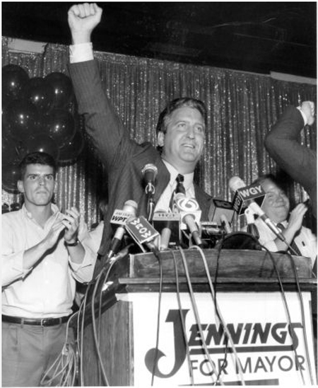 Jerry Jennings Sept. 14, 1993, A Few Minutes After Winning The Democratic Primary In An Upset.  His First Public Statement As Mayor-Elect Was "Why Are You All Cheering?"  (I Was There)
