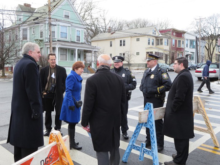 Treasurer Darius Shahinfar, The Mayor’s Communications Director Dennis Gaffney, Congressman Paul Tonko and The Mayor’s Chief Of Staff Matt Peter Talk To The Cops On Morton Avenue