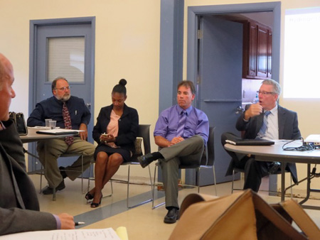 NY State DEC Officials Getting Yelled At By Ezra Prentice Residents, Chris Amato Of Earthjustice At Left, September 2015