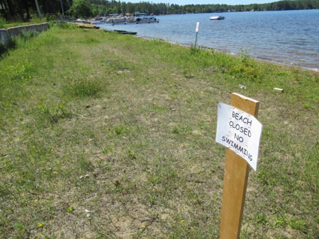 The Beach At Sherman Park, Recently Placed Sign Stapled To A Pole, And An Official Metal No Swimming Sign By The Water